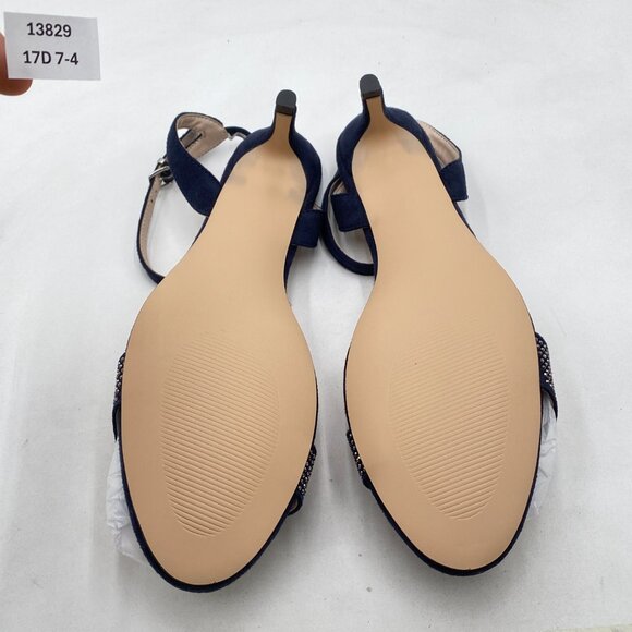 XYD Navy Open Toe Ankle Strap Wedding Kitten Heels Rhinestones Studded Sandals - Picture 7 of 8